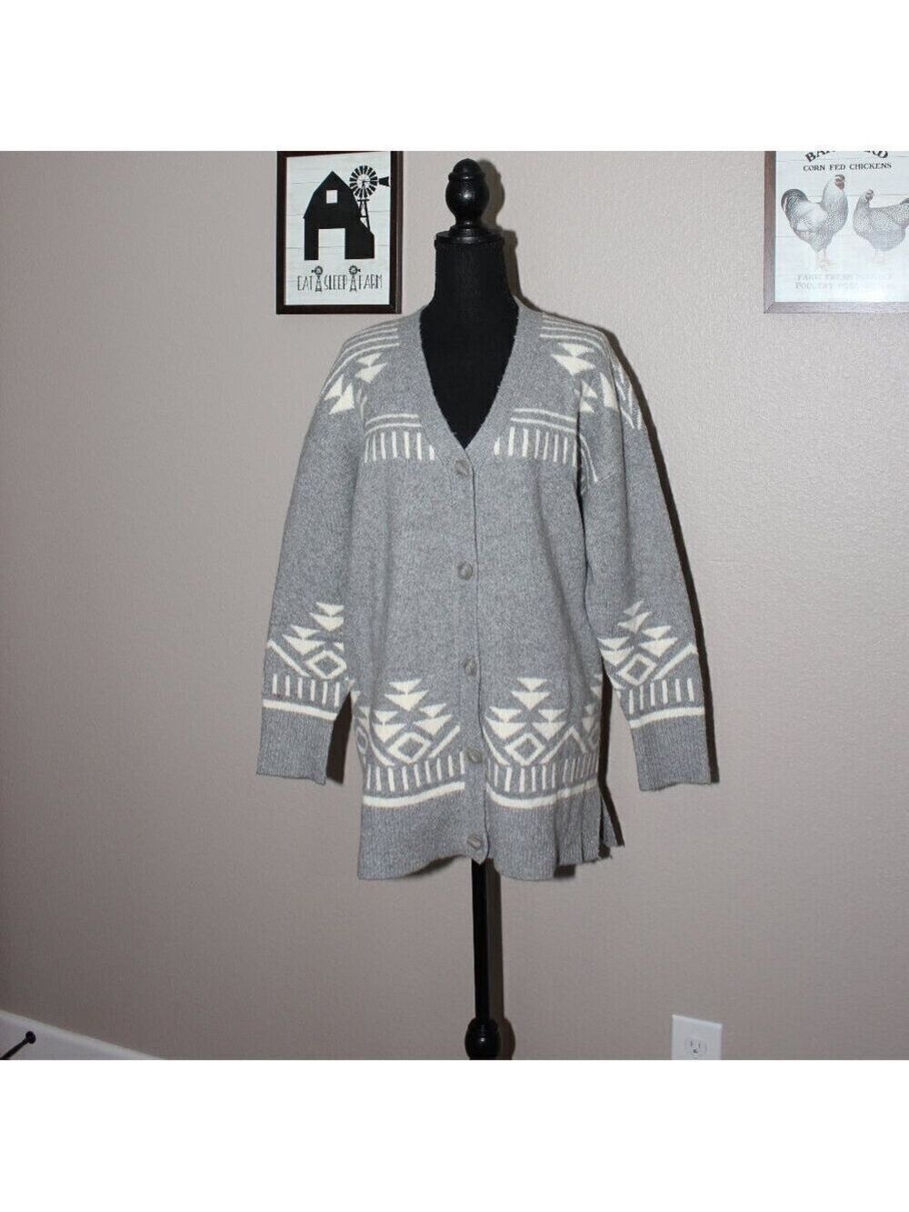 Coldwater Creek Womens Southwest Aztec Print Oversize Sweater Gray Size Medium